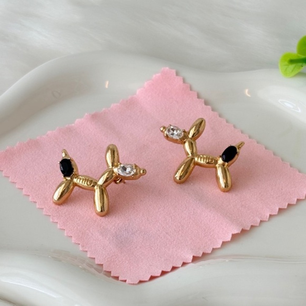 Gold Tone Black & Clear Crystal Embellished Balloon Dog Stud Earrings